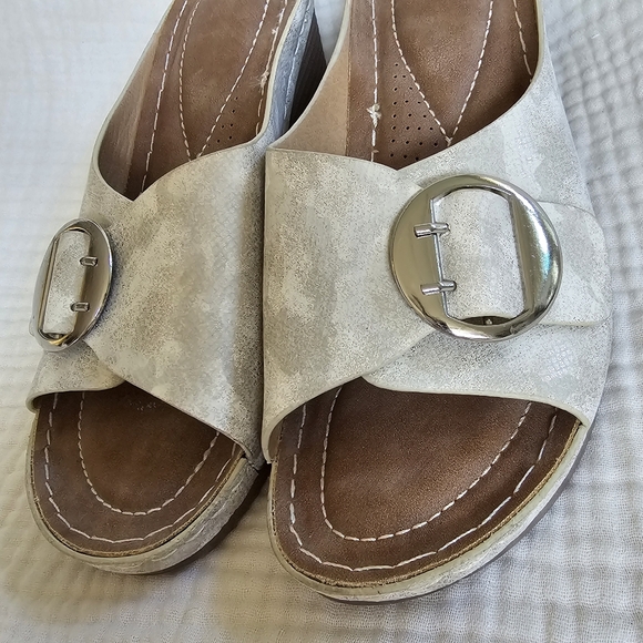 Wedge Mule Sandals, Open Toe with Buckles in Ivory, Size 8 Medium - Picture 7 of 16